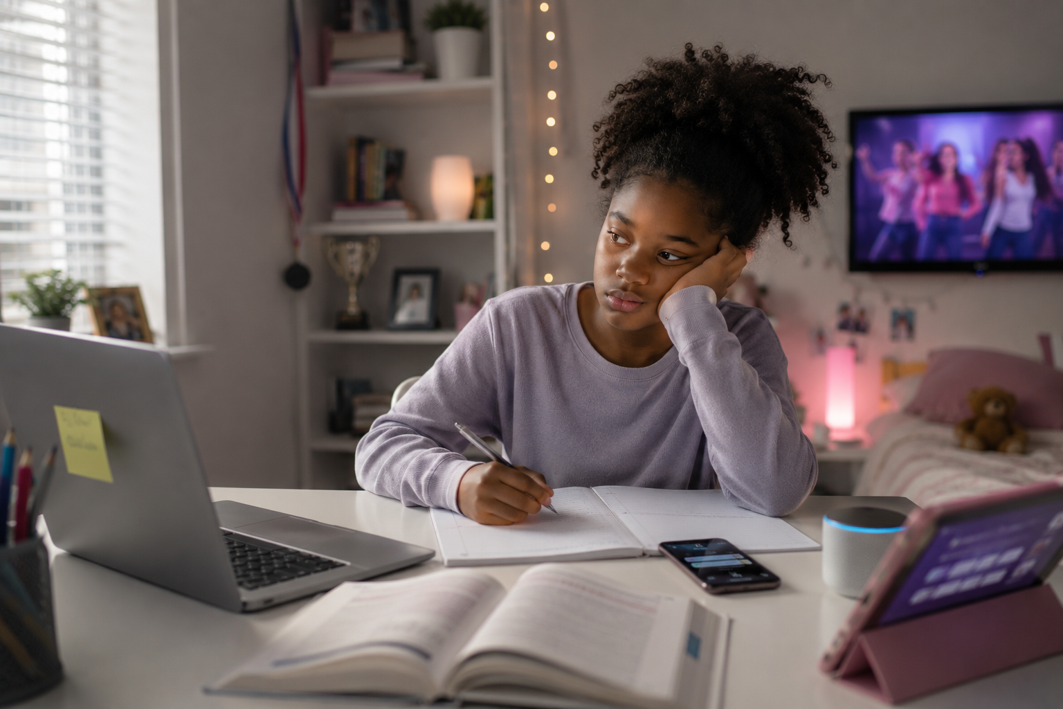 Child studying at a desk with mindful focus amid digital distractions