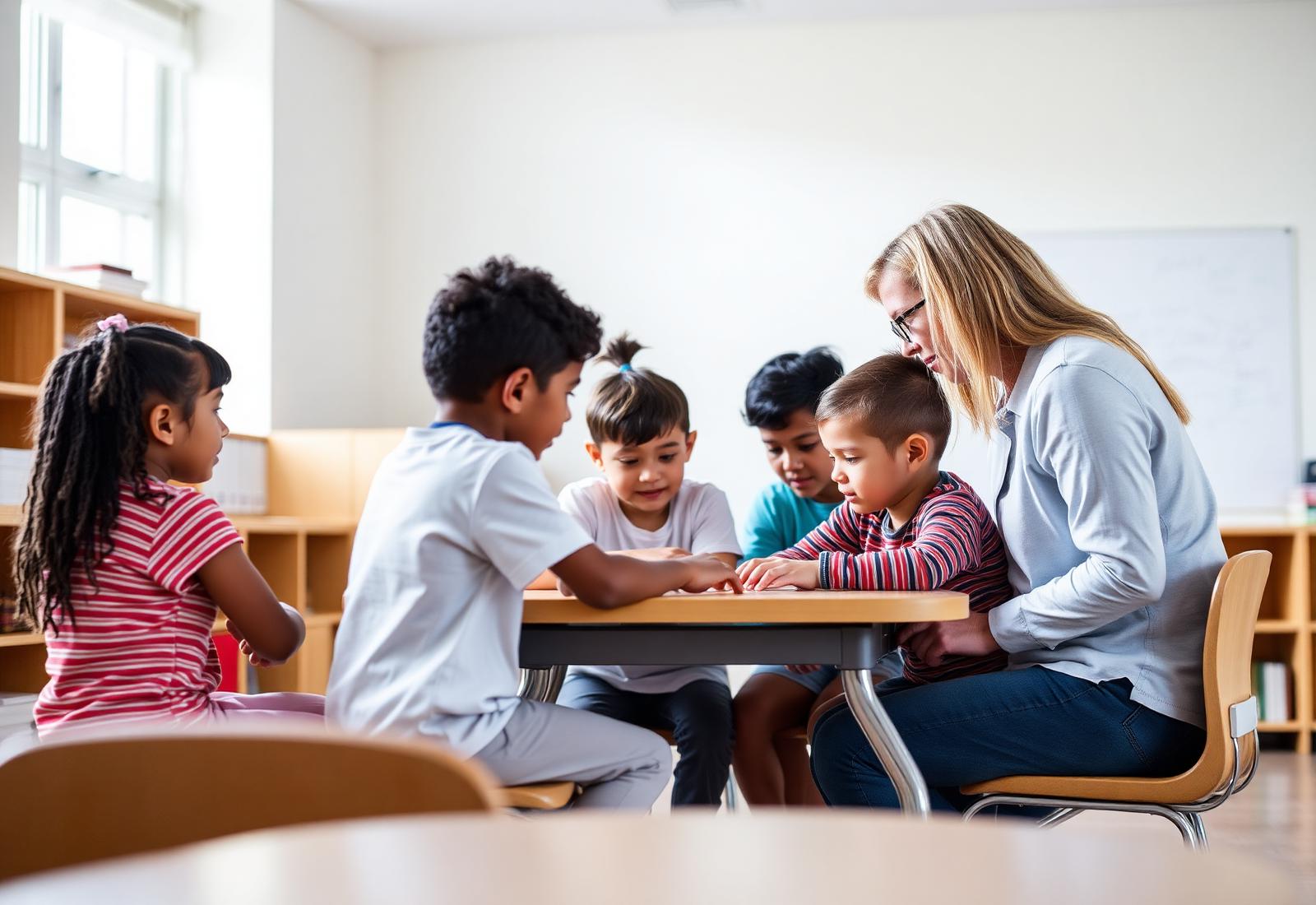 A teacher working closely with a small group of children